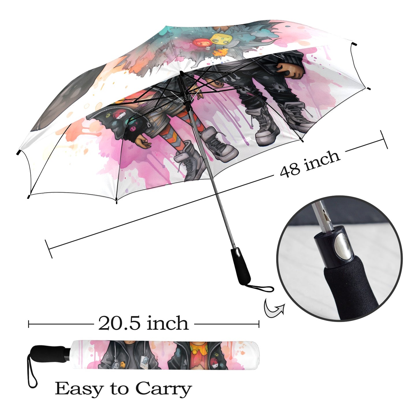 Semi-Automatic Foldable Umbrella - Black Girl Art - Velvet's View - Whimsical Kool Kids Collection - (Model U12)