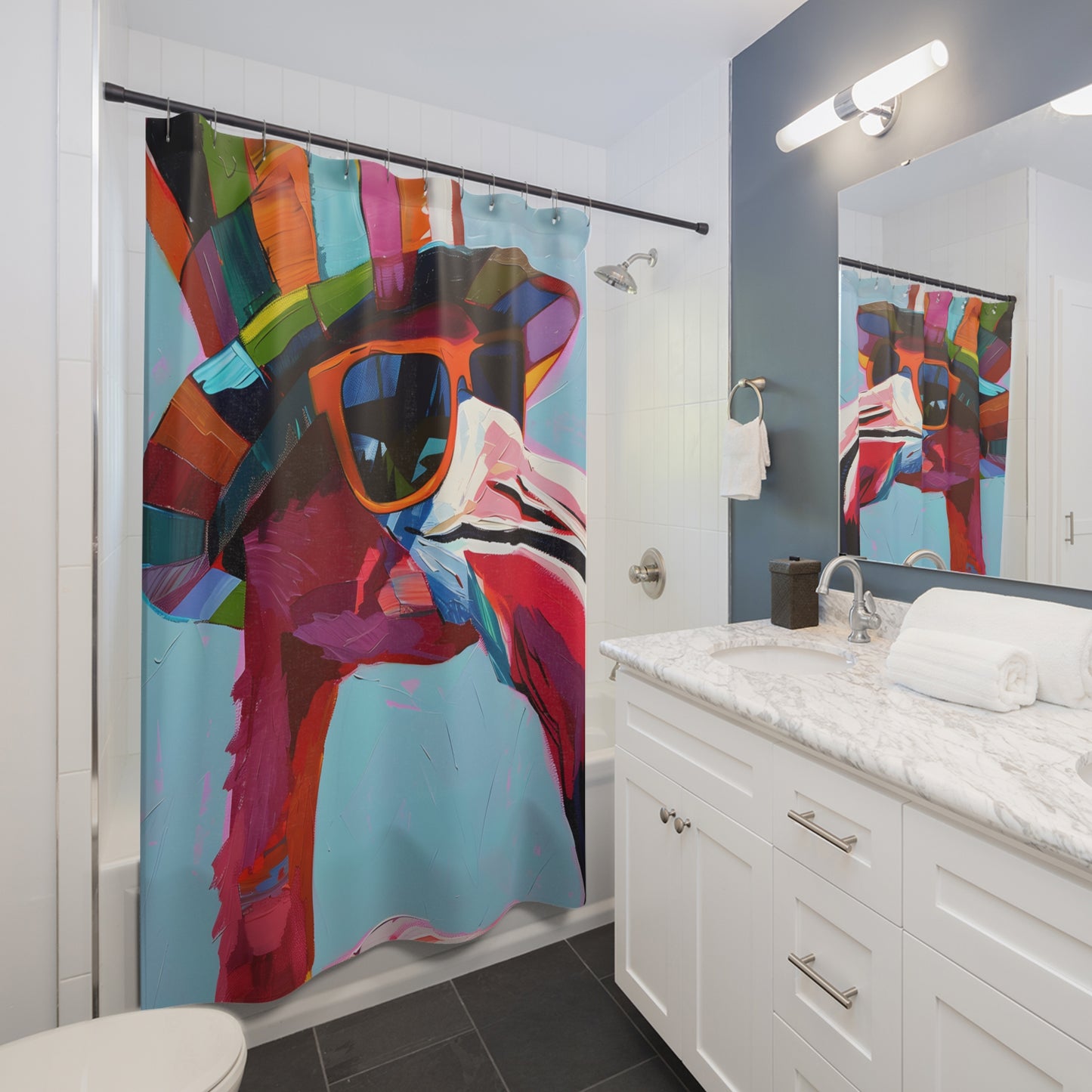 Shower Curtains - Black Girl Art - Velvet's View - Funky Flamingos Collection 607