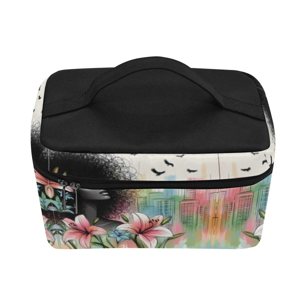 Cosmetic Bag/Large - Velvet's View - Urban Blossoms - Vibrant Cityscapes and Floral Dreams Collection - (Model 1658)