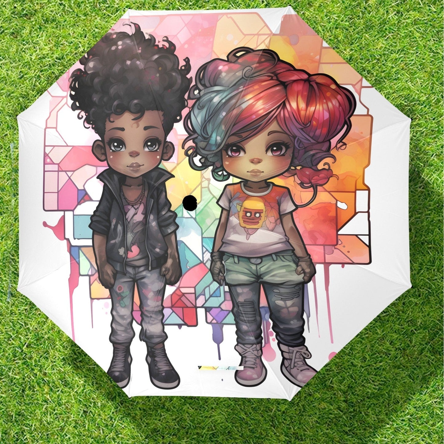 Semi-Automatic Foldable Umbrella - Black Girl Art - Velvet's View - Whimsical Kool Kids Collection - (Model U12)