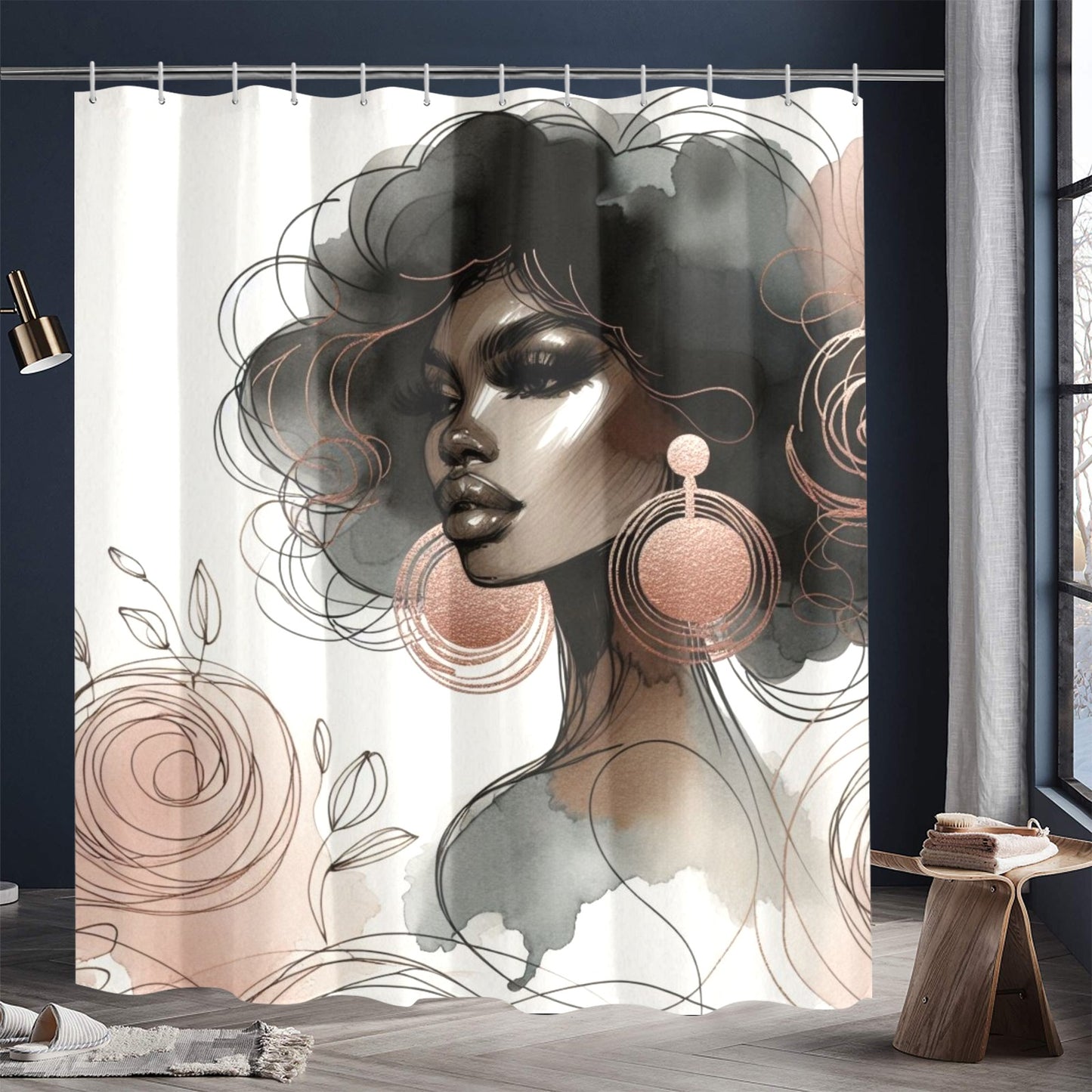 Minimalist Afrocentric Shower Curtain Collection – Black Woman Line Art, Boho Melanin Home Decor - 7498493