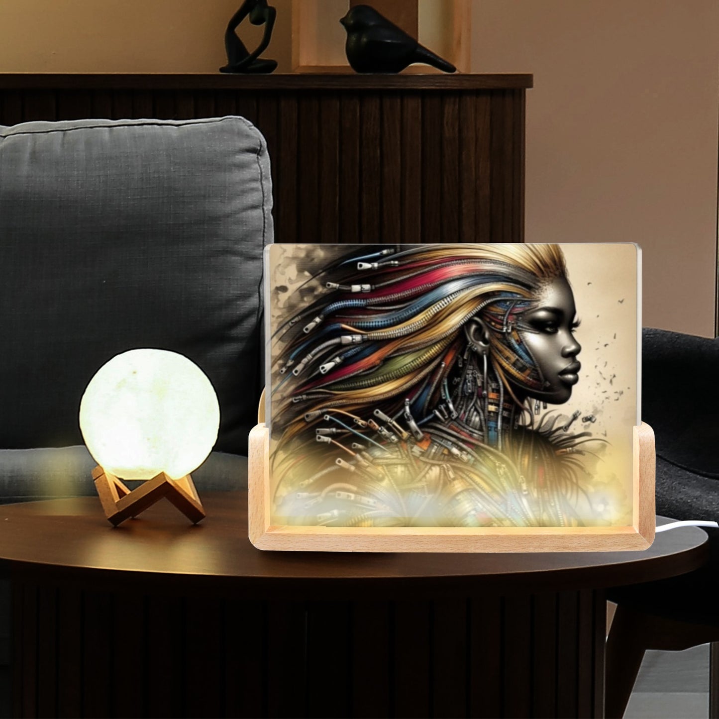 Acrylic Photo Night Light - Velvet's View - Mechanical Muse - The Fusion of Fashion and Futurism Collection - 8"x6"(U-Shaped Beech Base)