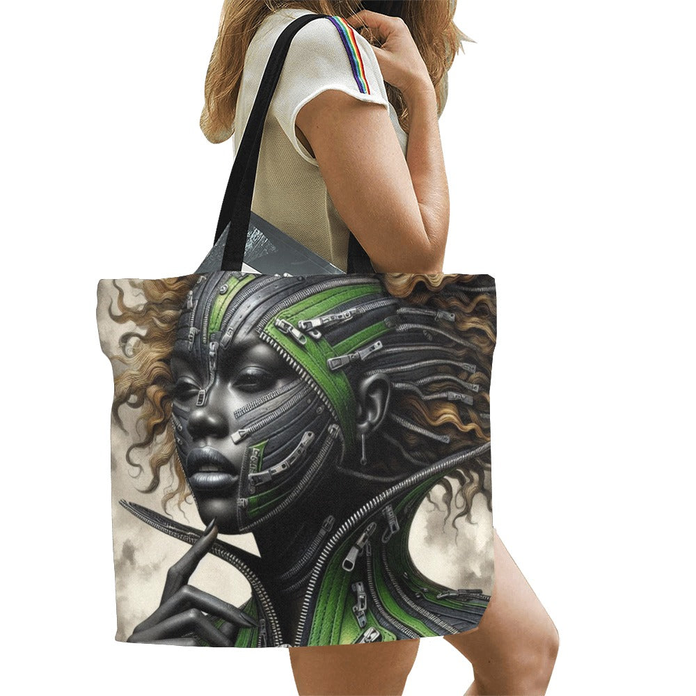 All Over Print Canvas Tote Bag/Large - Velvet's View - Mechanical Muse - The Fusion of Fashion and Futurism - (Model 1699)