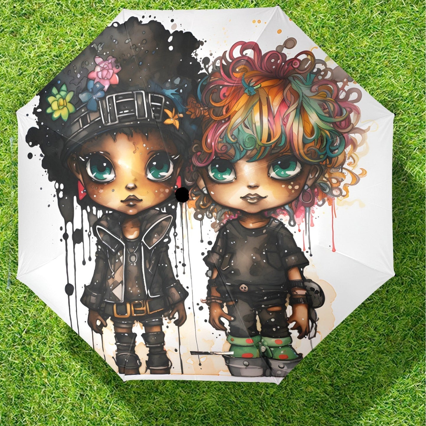 Semi-Automatic Foldable Umbrella - Black Girl Art - Velvet's View - Whimsical Kool Kids Collection - (Model U12)