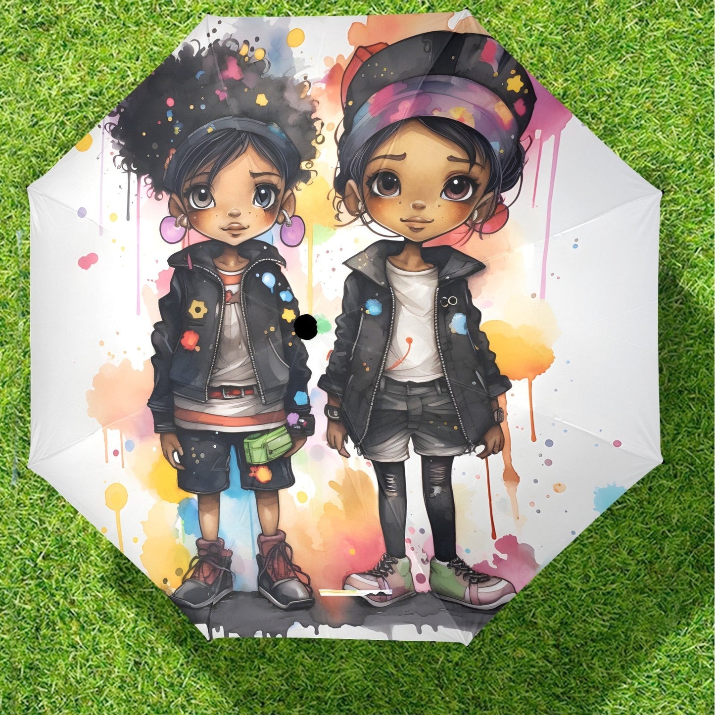 Semi-Automatic Foldable Umbrella - Black Girl Art - Velvet's View - Whimsical Kool Kids Collection - (Model U12)