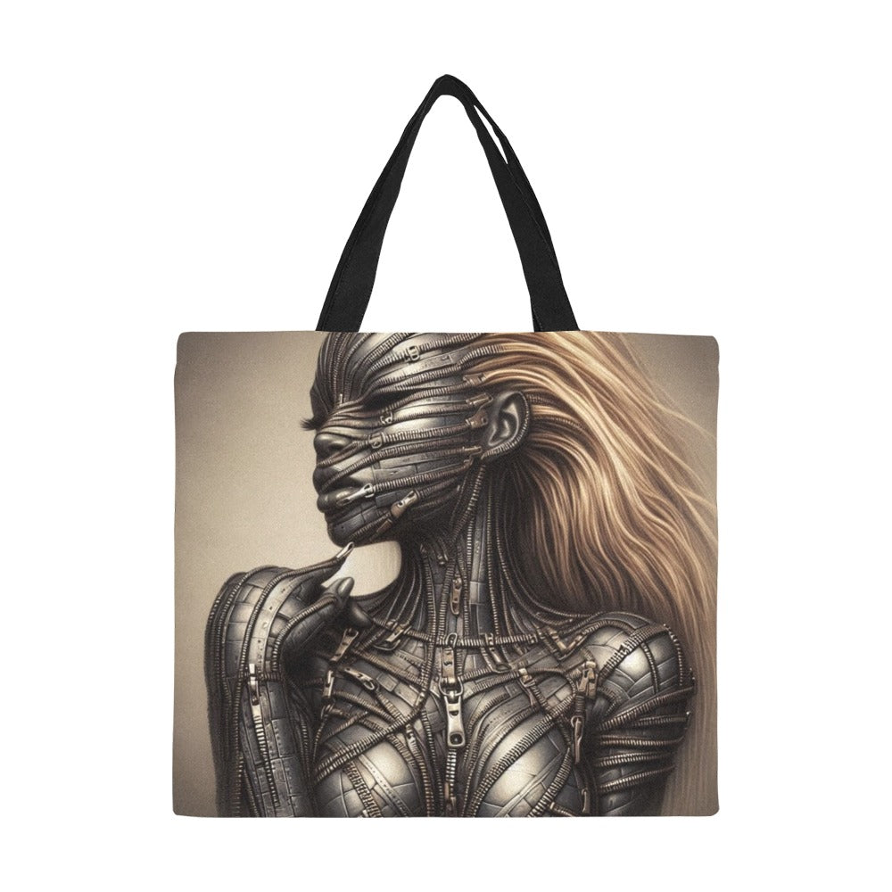 All Over Print Canvas Tote Bag/Large - Velvet's View - Mechanical Muse - The Fusion of Fashion and Futurism - (Model 1699)