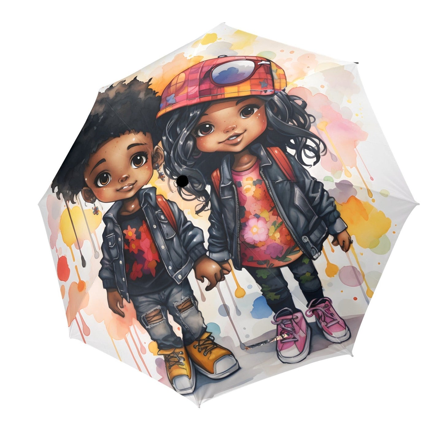 Semi-Automatic Foldable Umbrella - Black Girl Art - Velvet's View - Whimsical Kool Kids Collection - (Model U12)