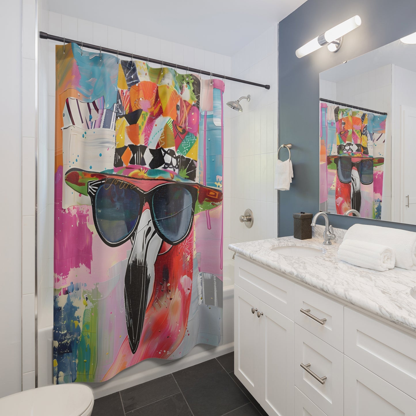 Shower Curtains - Black Girl Art - Velvet's View - Funky Flamingos Collection 614