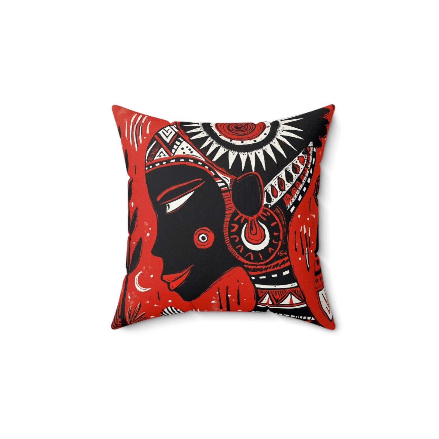 Spun Polyester Square Pillow - Black Girl Art - Velvet's View - Tribal Harmony - Red and Black Tribal Patterns –