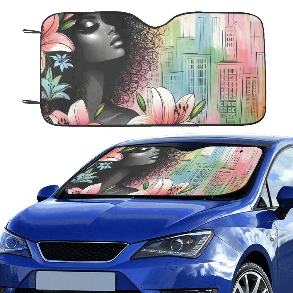Urban Blossoms: Vibrant Cityscapes and Floral Dreams – Collection - Car Sunshade 55"x30" - #2013