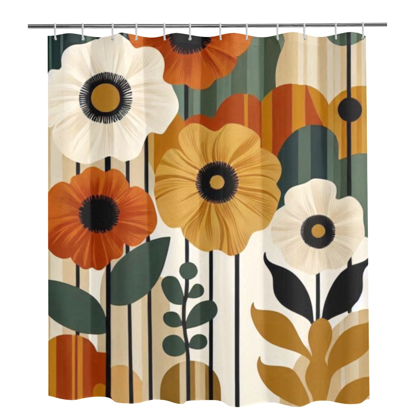 Retro Floral Bathroom Decor Set | Boho Abstract Shower Curtain, Towels & Wall Art | Mid Century Modern Bath Mat | Earth Tone Bathroom Collection - Shower Curtain 72"x84"