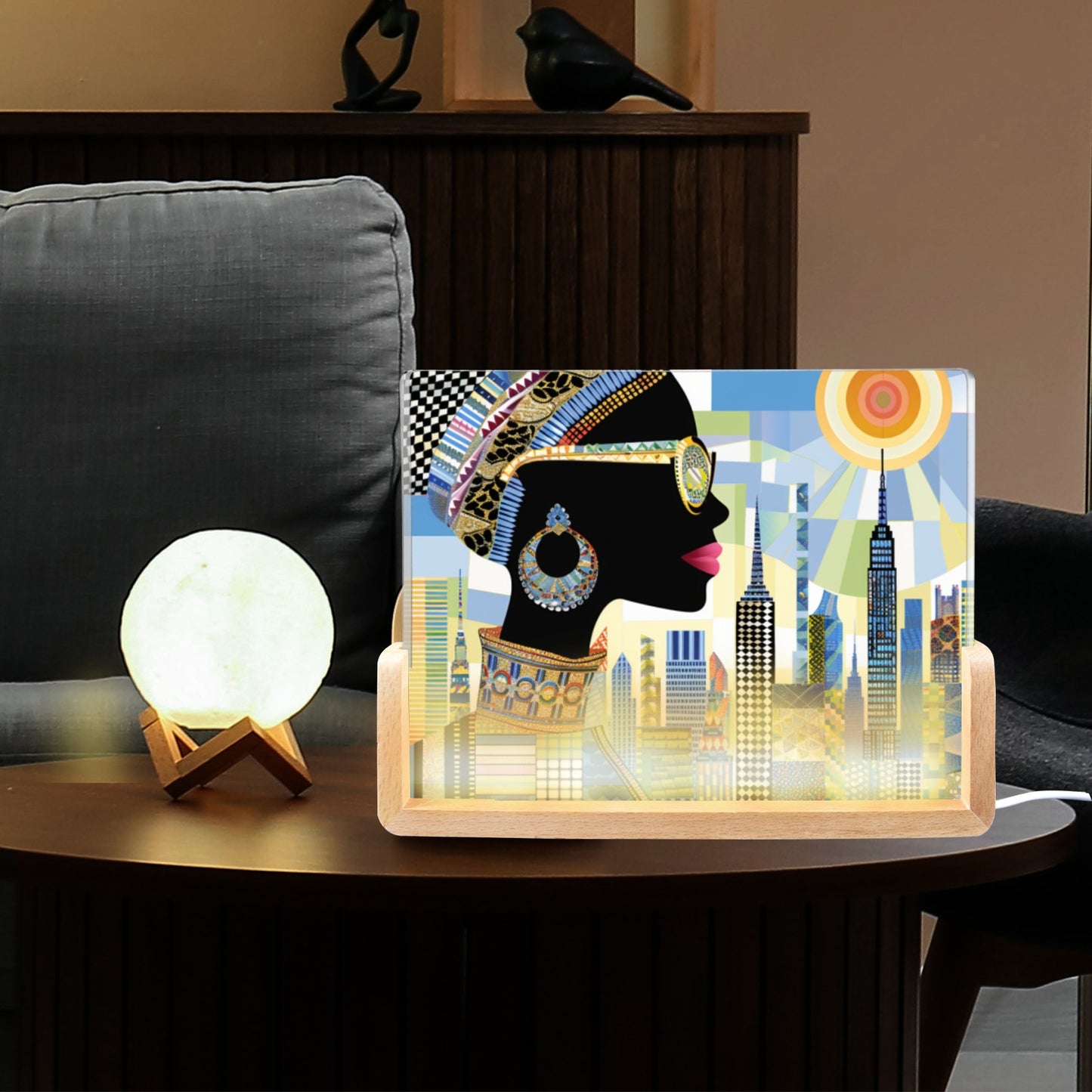 Acrylic Photo Night Light - Black Girl Art - Velvet's View - Urban Elegance - Illuminated in Color Collection - 8"x6"(U-Shaped Beech Base)