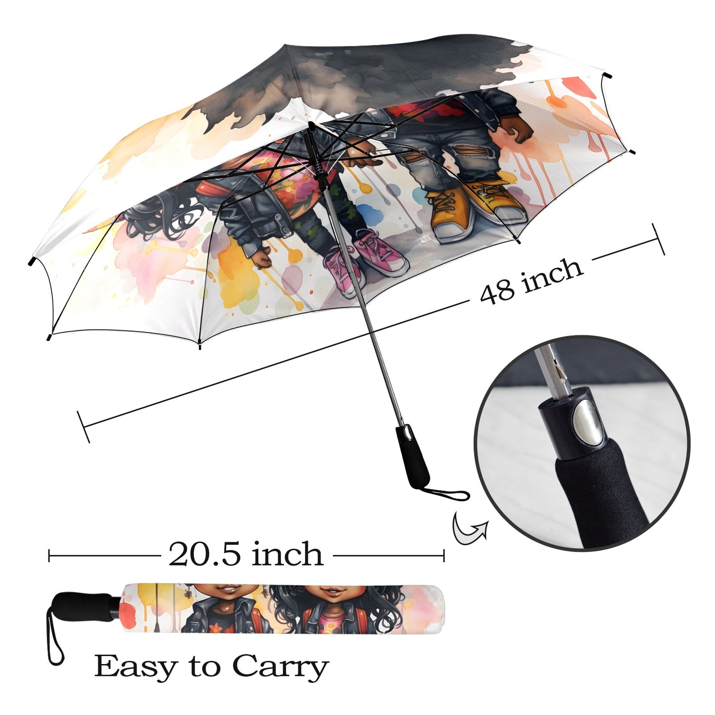 Semi-Automatic Foldable Umbrella - Black Girl Art - Velvet's View - Whimsical Kool Kids Collection - (Model U12)