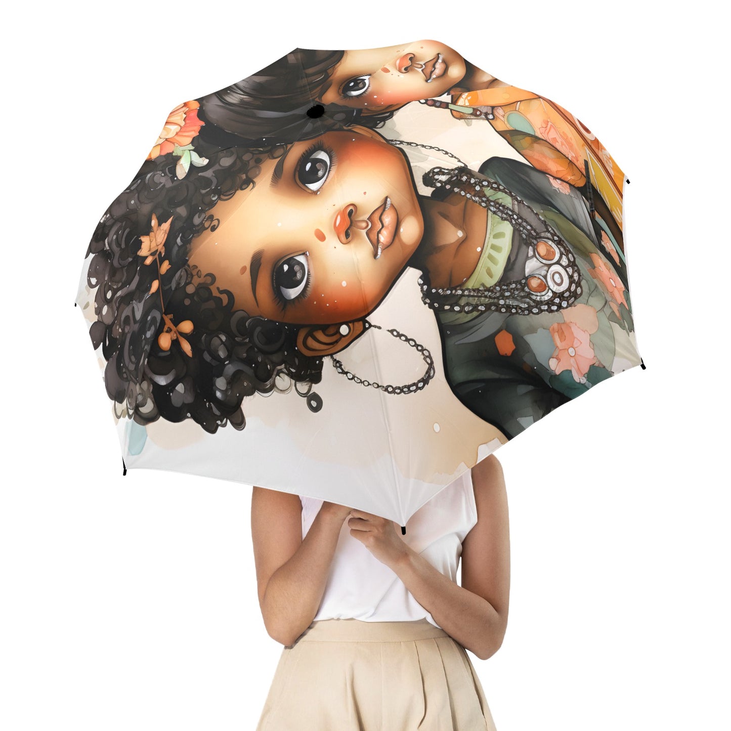 Semi-Automatic Foldable Umbrella - Black Girl Art - Velvet's View - Whimsical Kool Kids Collection - (Model U12)