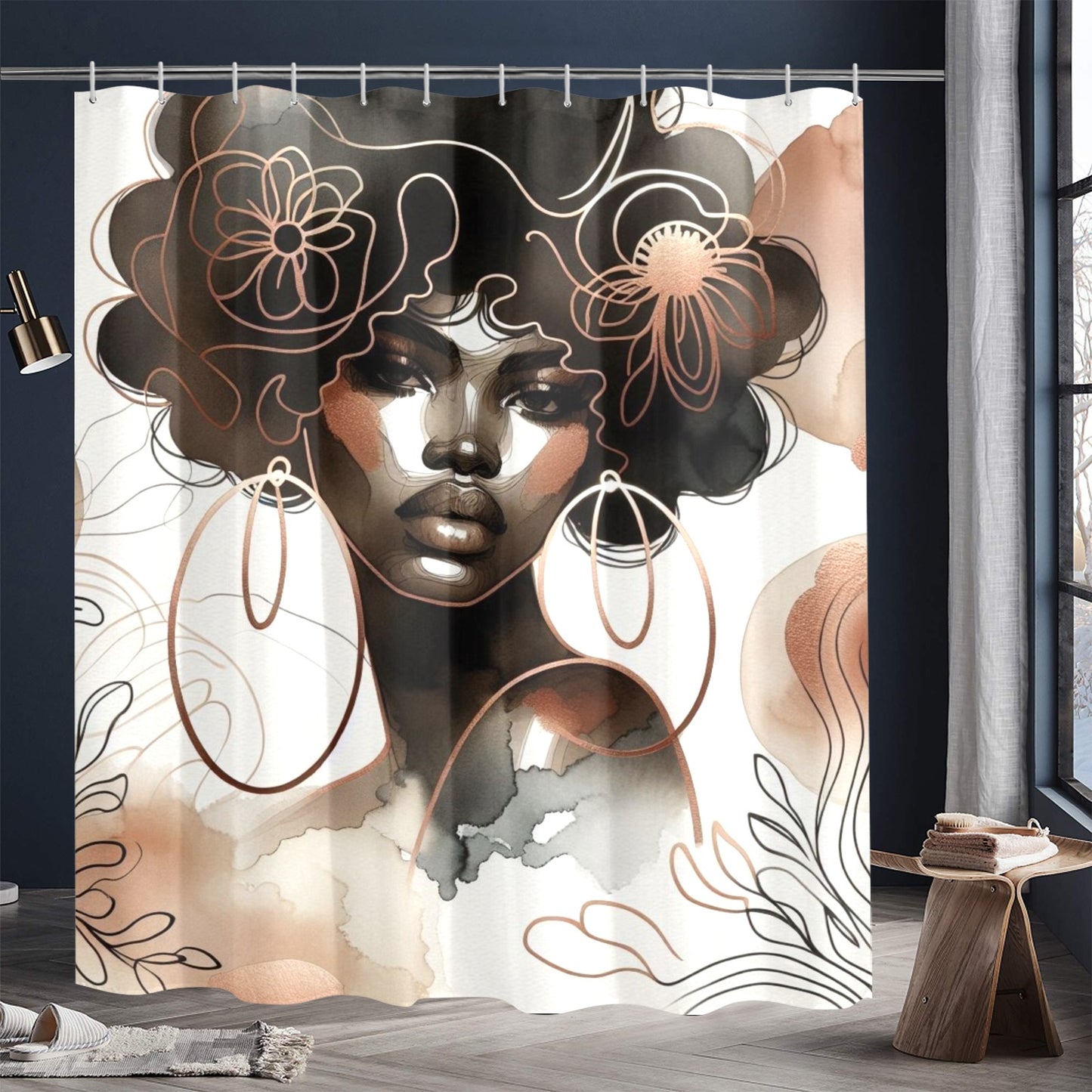 Minimalist Afrocentric Shower Curtain Collection – Black Woman Line Art, Boho Melanin Home Decor - 11885459