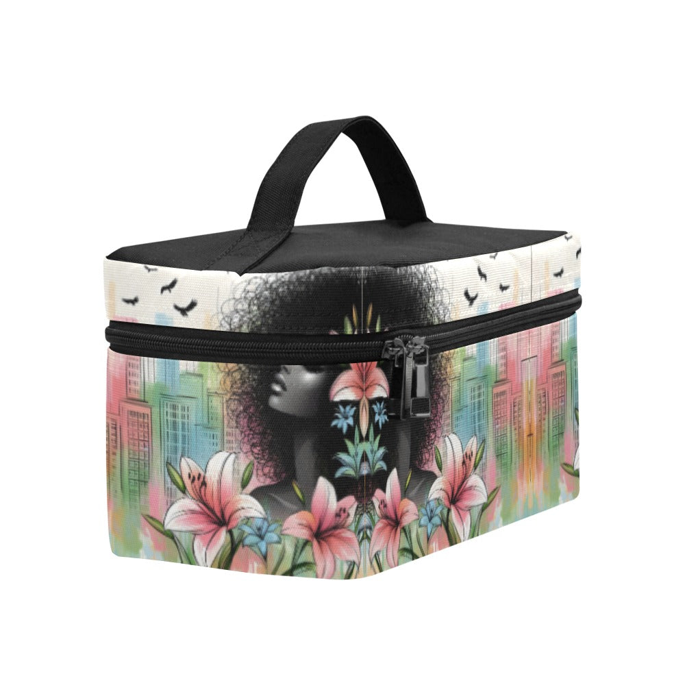 Cosmetic Bag/Large - Velvet's View - Urban Blossoms - Vibrant Cityscapes and Floral Dreams Collection - (Model 1658)