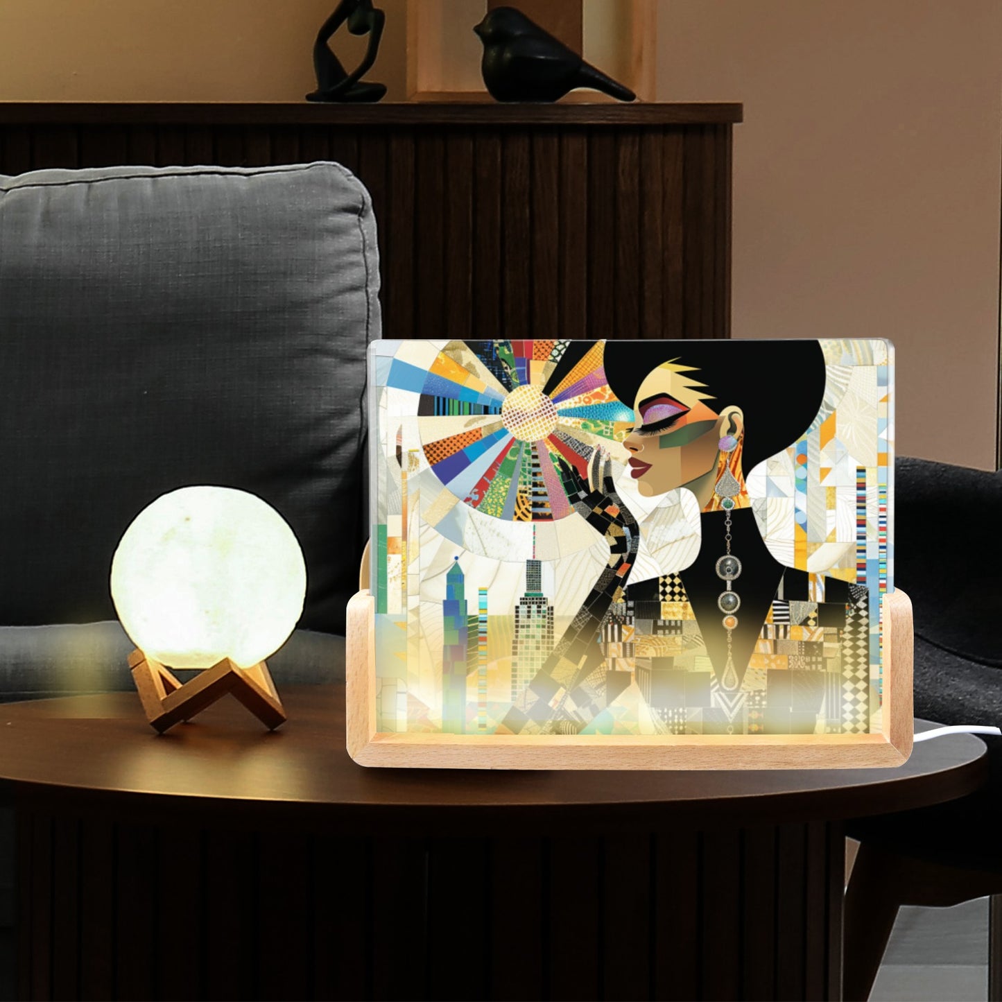 Acrylic Photo Night Light - Black Girl Art - Velvet's View - Urban Elegance - Illuminated in Color Collection - 8"x6"(U-Shaped Beech Base)