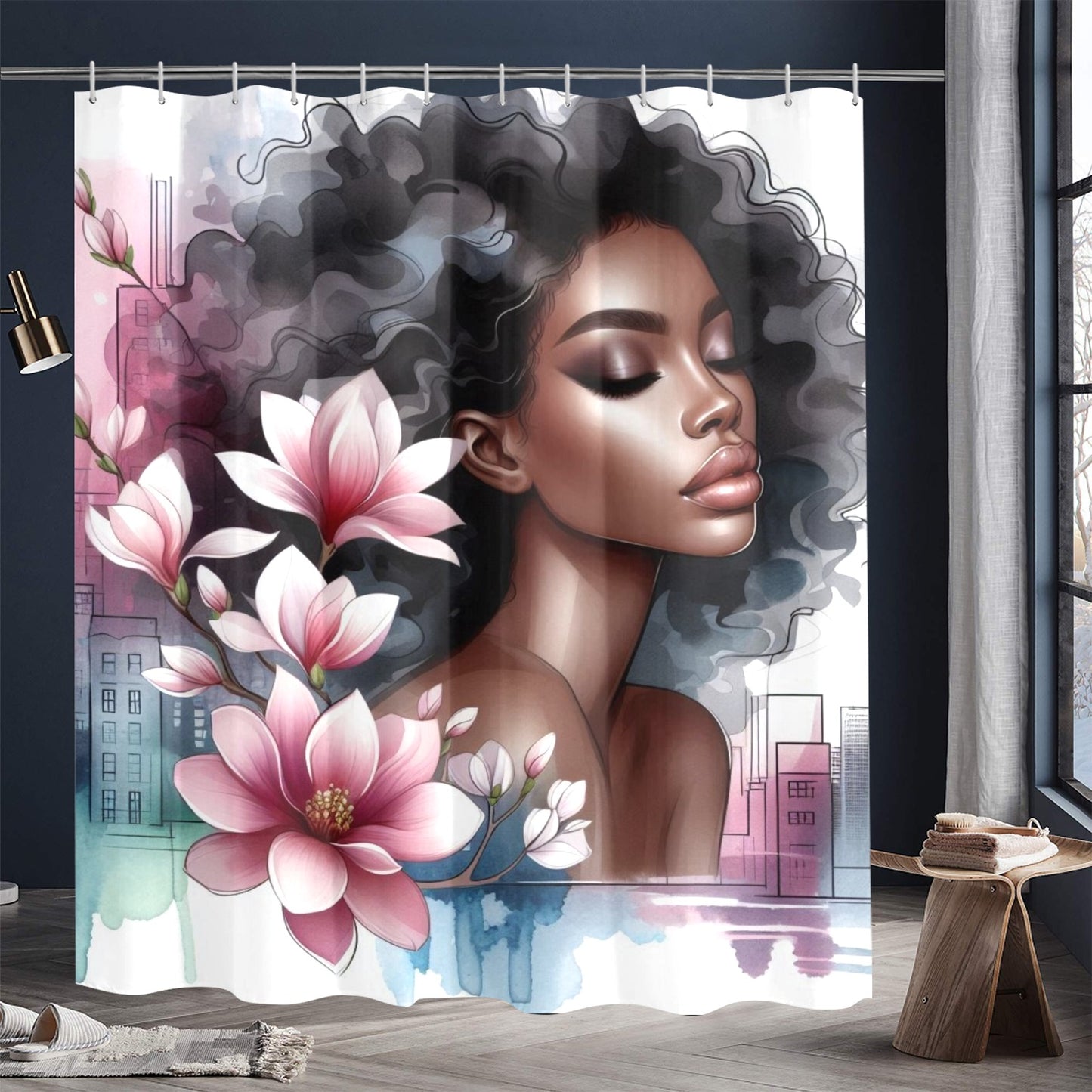Urban Bloom Afro Shower Curtain – Black Woman Art with Cityscape & Floral Afro - 891686847