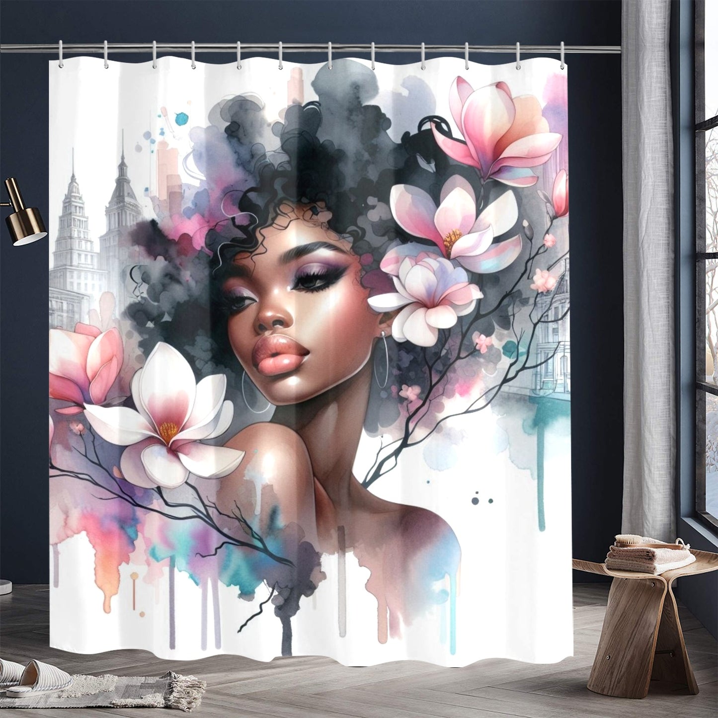 Urban Bloom Afro Shower Curtain – Black Woman Art with Cityscape & Floral Afro - 83730187