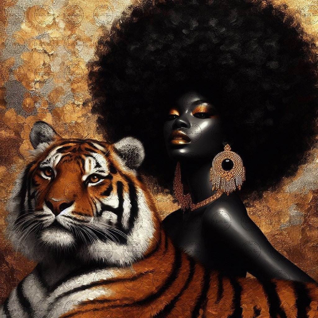 Digital Art - Ethereal Unity: The Afro Queen and Her Feline Sovereign - #2020