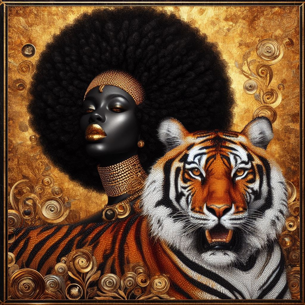 Digital Art - Ethereal Unity: The Afro Queen and Her Feline Sovereign - #2012