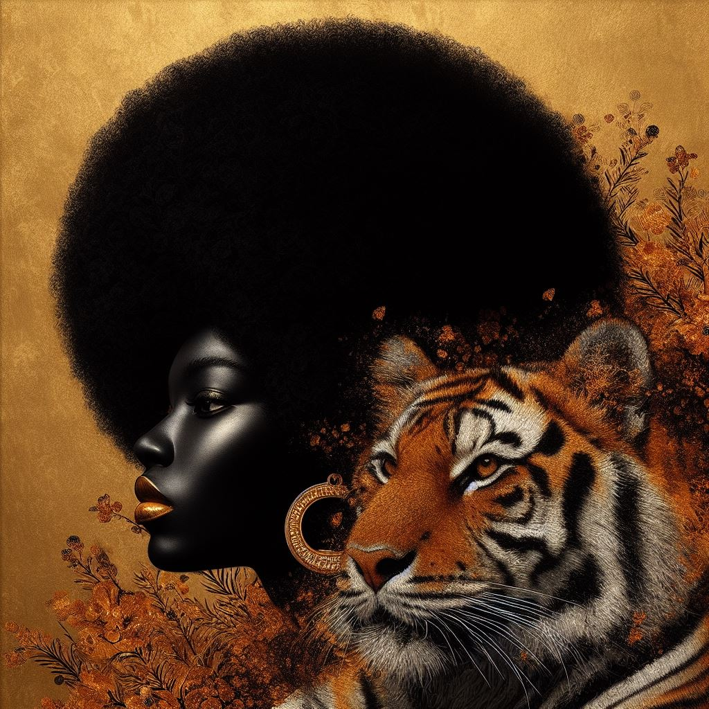 Digital Art - Ethereal Unity: The Afro Queen and Her Feline Sovereign - #2013