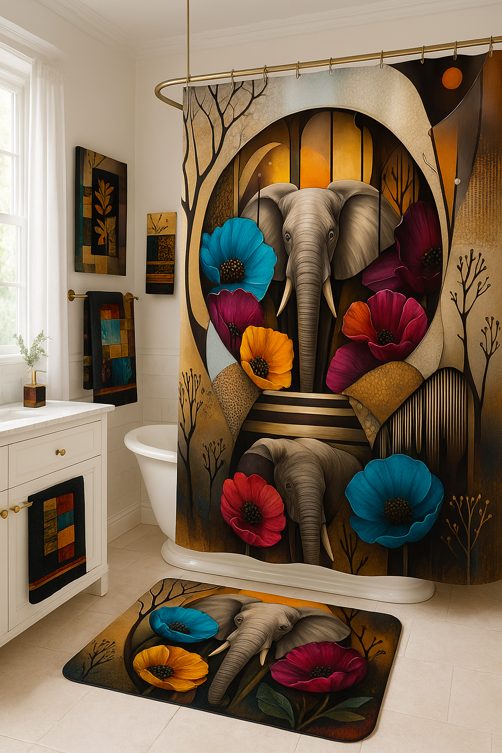 Elephant Art Shower Curtain & Bathroom Decor Set – Bold African Inspired Wildlife, Floral Jungle Theme, Elegant Boho Bathroom Accessories - Bath Rug 20''x 32'' - D458744