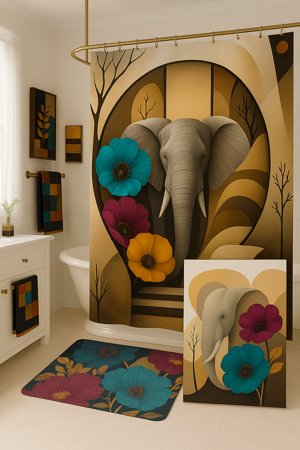 Elephant Art Shower Curtain & Bathroom Decor Set – Bold African Inspired Wildlife, Floral Jungle Theme, Elegant Boho Bathroom Accessories - Bath Rug 20''x 32'' - C326585