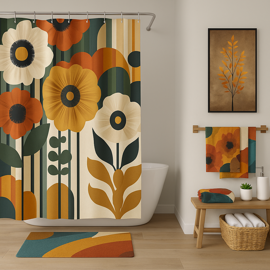 Retro Floral Bathroom Decor Set | Boho Abstract Shower Curtain, Towels & Wall Art | Mid Century Modern Bath Mat | Earth Tone Bathroom Collection - Bath Rug 20''x 32''