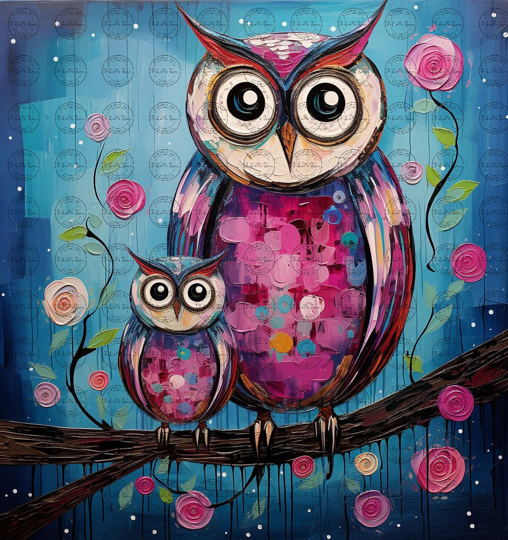 Black Girl Art – Animal Digital Prints - Velvet's View – Enchanted Owls: Turquoise & Magenta Delight
