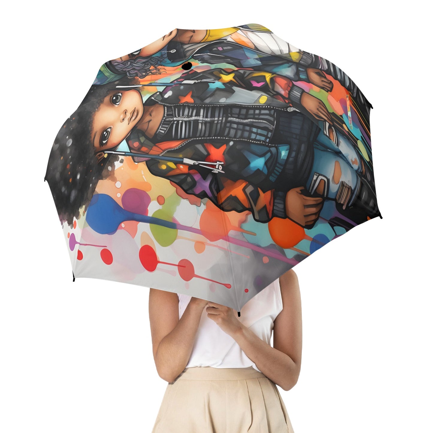 Semi-Automatic Foldable Umbrella - Black Girl Art - Velvet's View - Whimsical Kool Kids Collection - (Model U12)