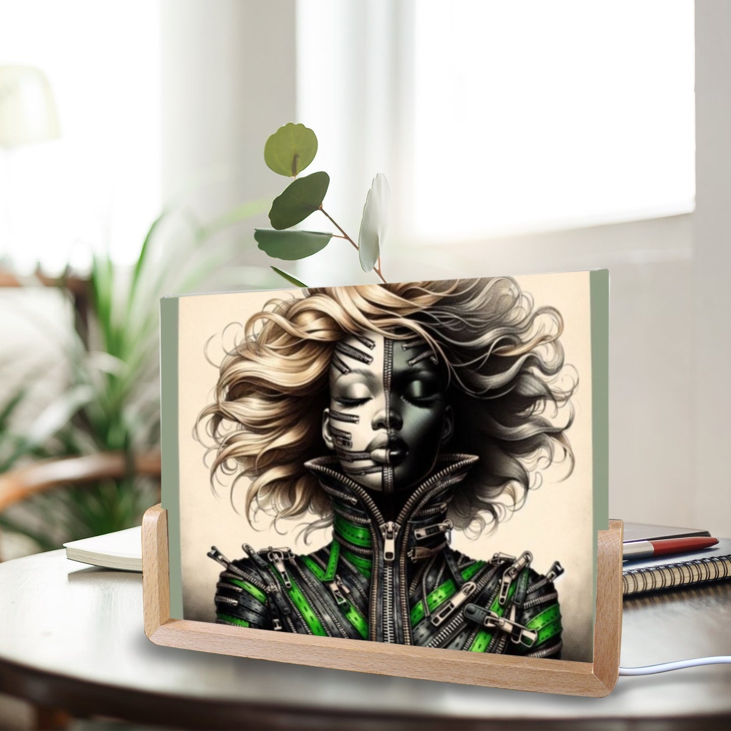 Acrylic Photo Night Light - Velvet's View - Mechanical Muse - The Fusion of Fashion and Futurism Collection - 8"x6"(U-Shaped Beech Base)