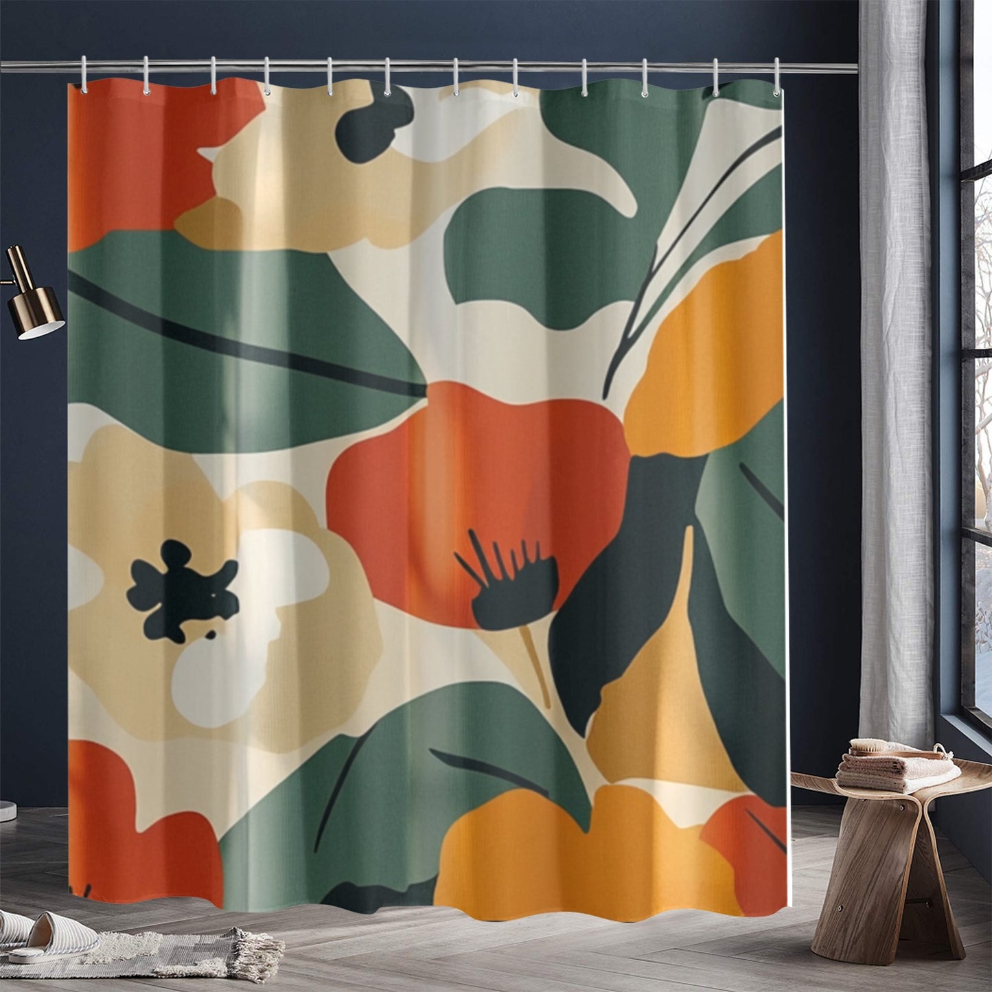 Retro Floral Bathroom Decor Set | Boho Abstract Shower Curtain, Towels & Wall Art | Mid Century Modern Bath Mat | Earth Tone Bathroom Collection - Shower Curtain 72"x84" - D963265
