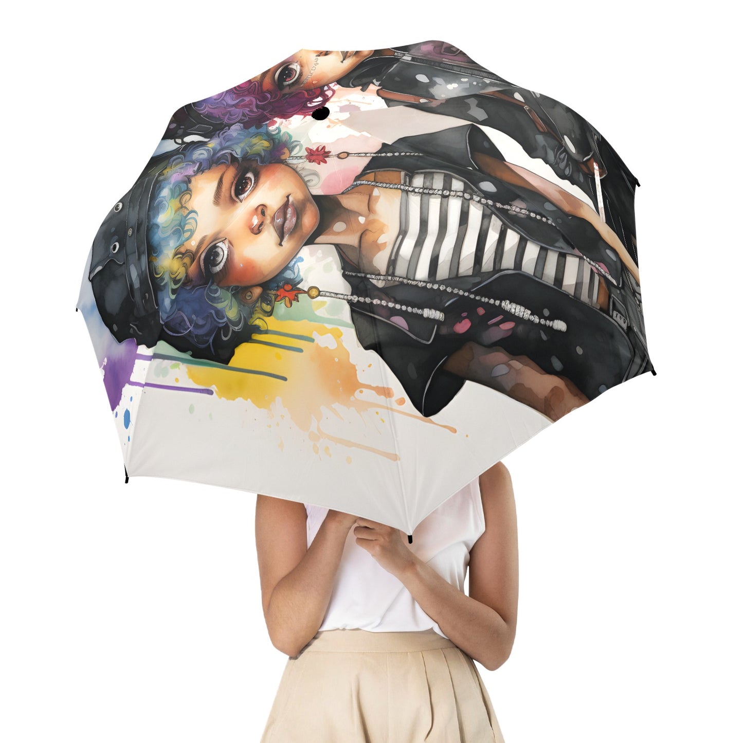 Semi-Automatic Foldable Umbrella - Black Girl Art - Velvet's View - Whimsical Kool Kids Collection - (Model U12)