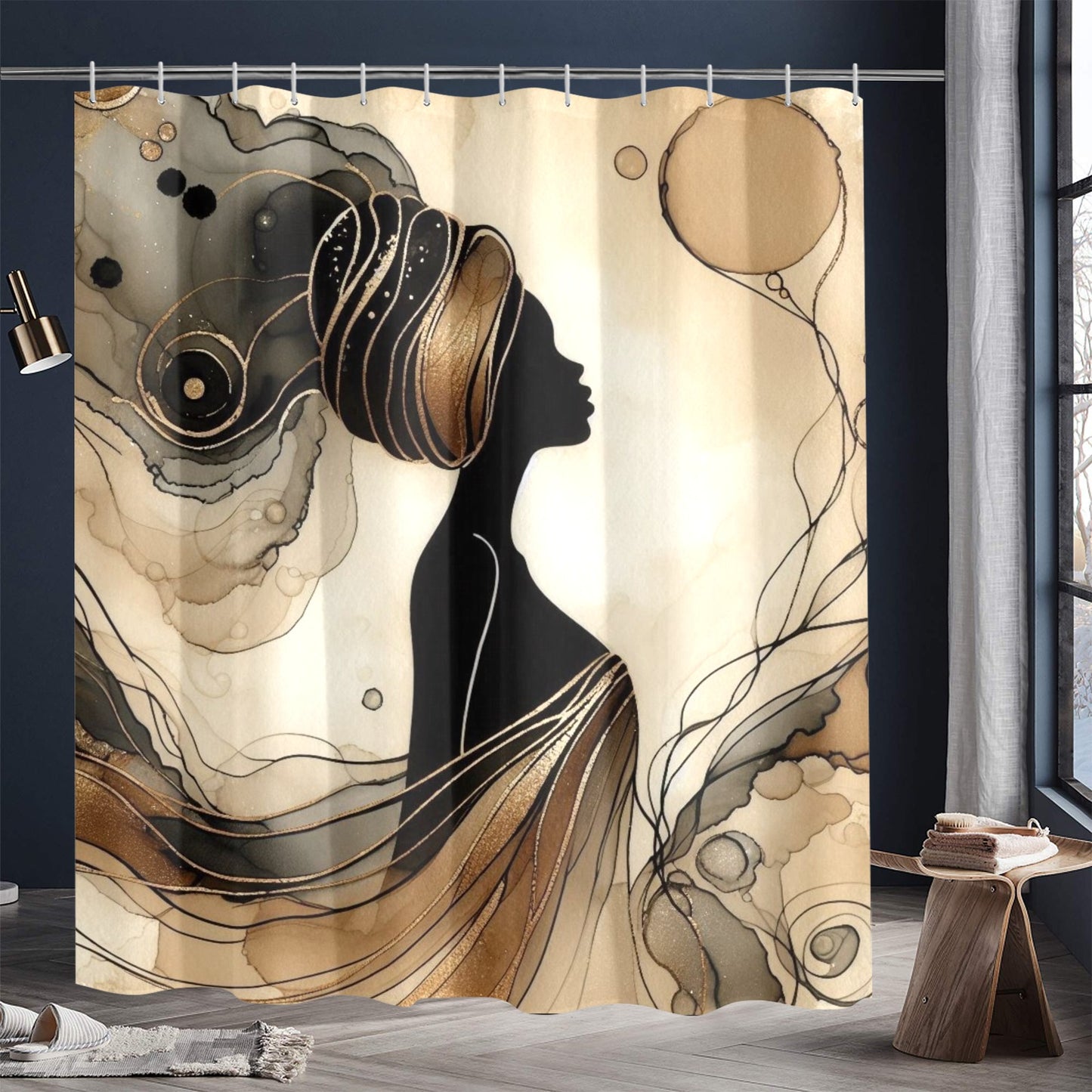 Golden Grace: Afro Silhouette Shower Curtain Collection – Luxury Black Woman Art for Modern Bathrooms - 26234410