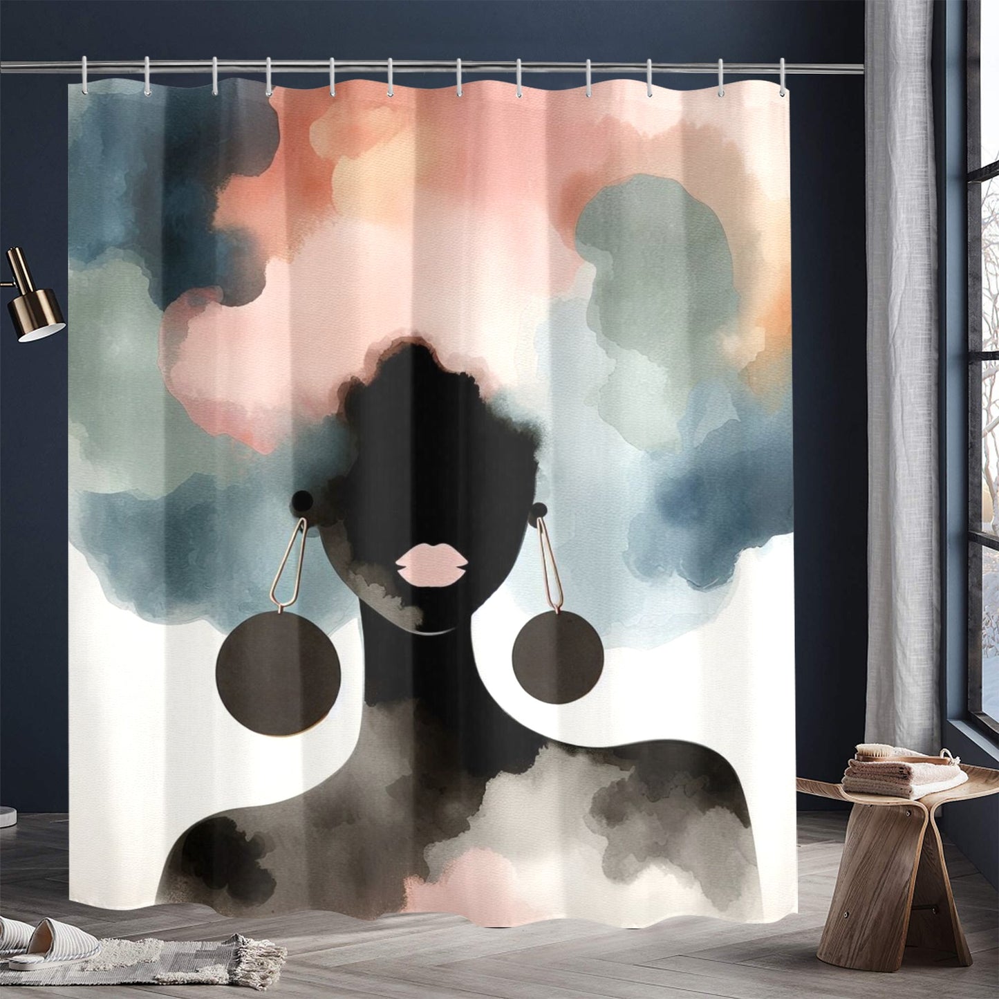 Afro Watercolor Shower Curtain Collection – Black Woman Silhouette Art for Bathroom Décor - 8670094