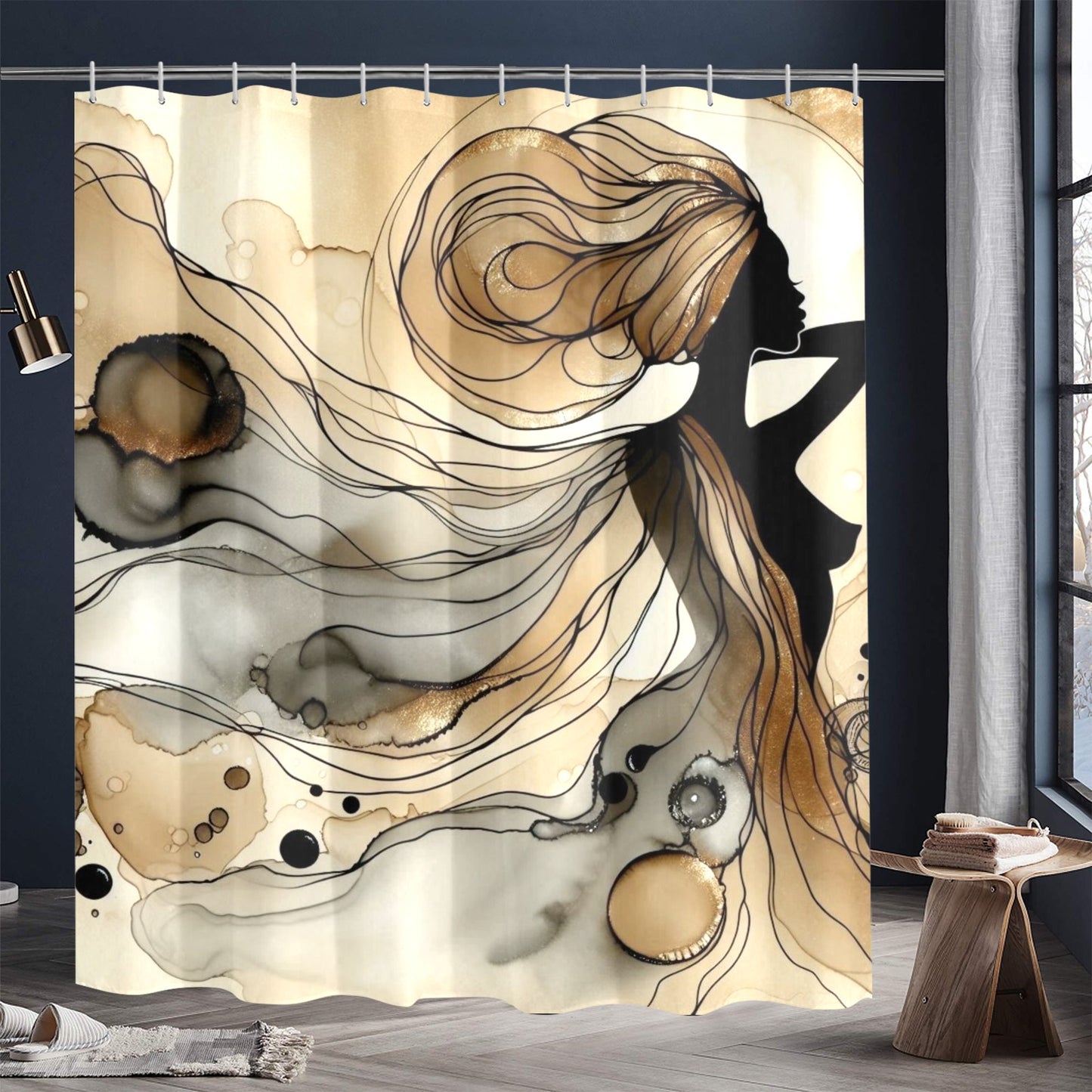 Golden Grace: Afro Silhouette Shower Curtain Collection – Luxury Black Woman Art for Modern Bathrooms - 56429211