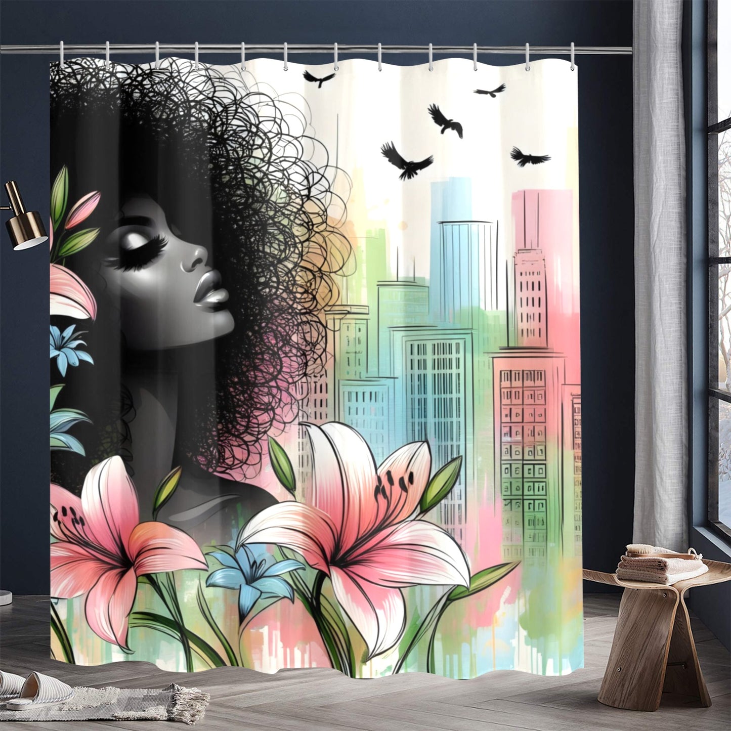 Urban Blossoms: Vibrant Cityscapes and Floral Dreams Collection - Shower Curtain 72"x84" - #2011