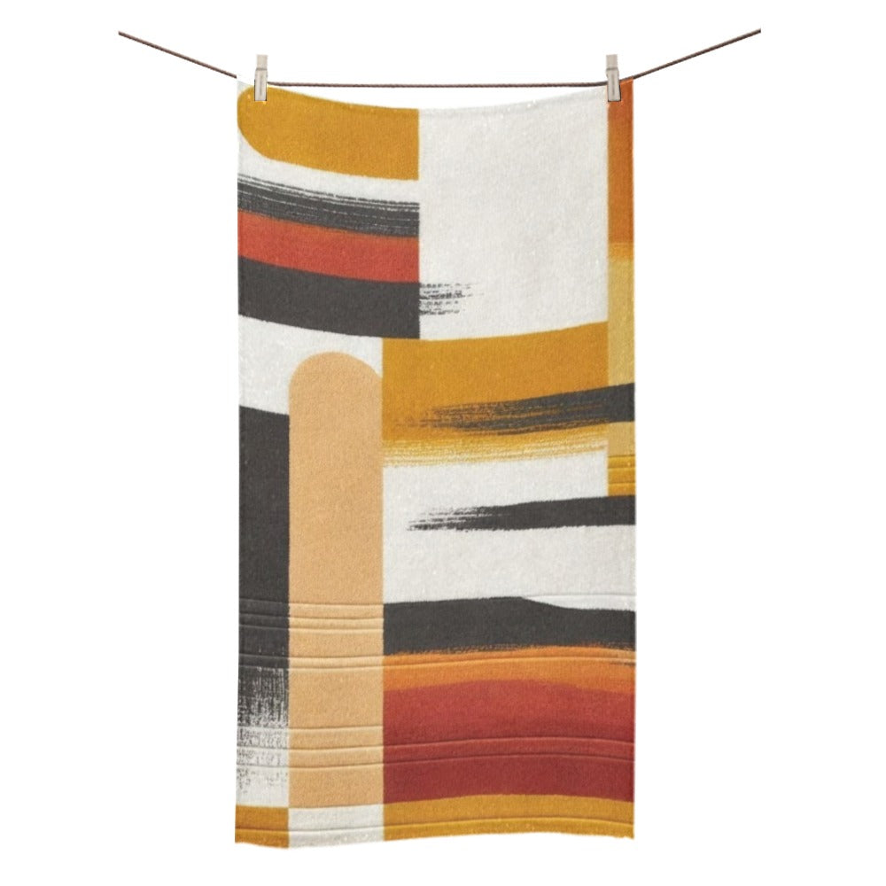 Modern Geometric Bathroom Set | Gold & Red Abstract Shower Curtain | Bold Afro-Inspired Bath Décor – Bath Rug 20''x 32'' – K239125