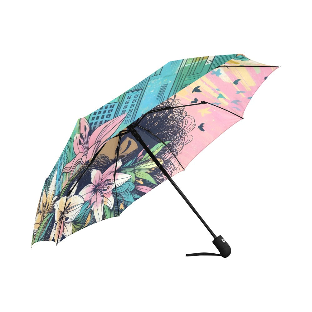 .Urban Blossoms: Vibrant Cityscapes and Floral Dreams – Collection - Auto-Foldable Umbrella (Model U04) - #2015