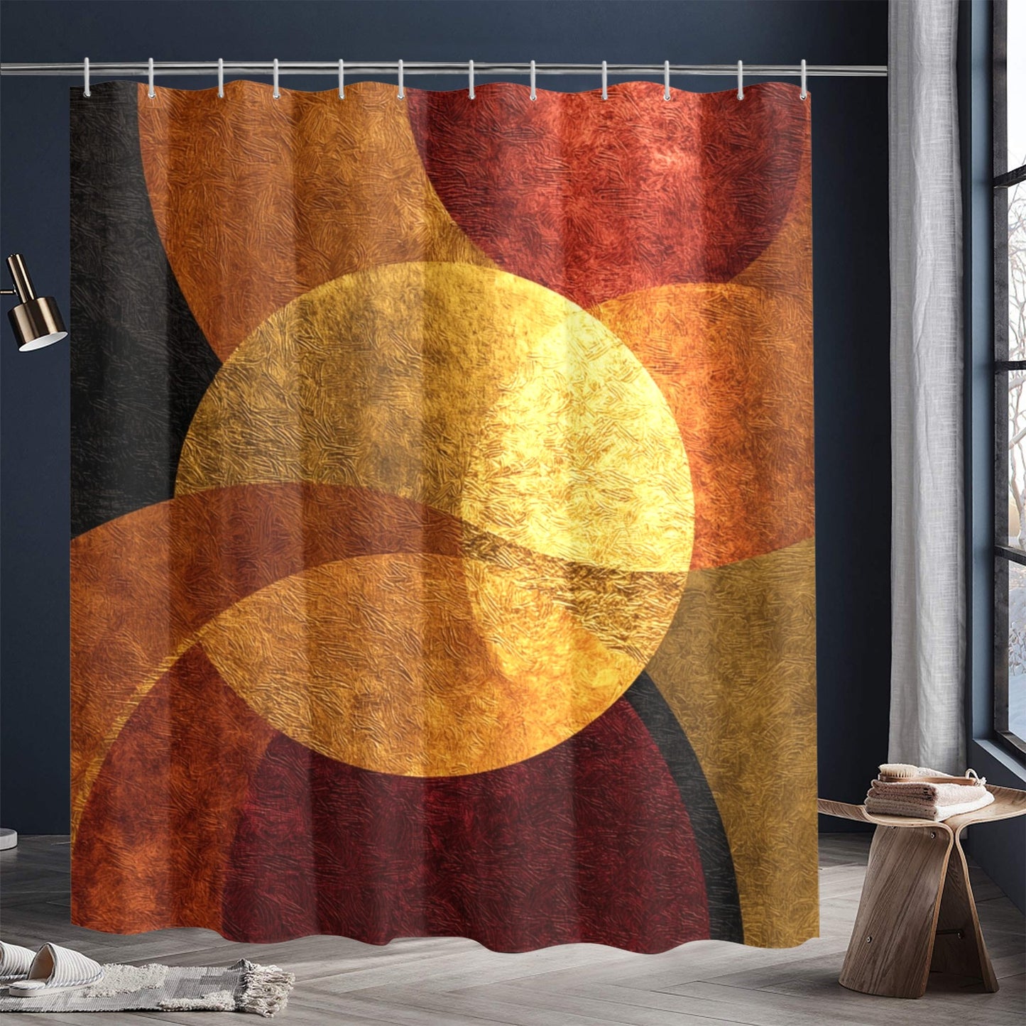 Modern Geometric Bathroom Set | Gold & Red Abstract Shower Curtain | Bold Afro-Inspired Bath Décor - Square Towel 13“x13” – L539321