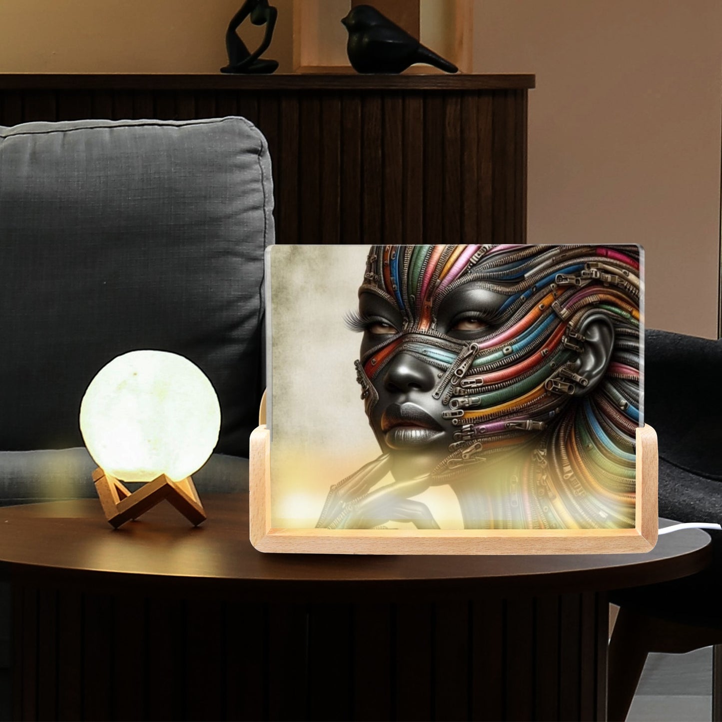 Acrylic Photo Night Light - Velvet's View - Mechanical Muse - The Fusion of Fashion and Futurism Collection - 8"x6"(U-Shaped Beech Base)