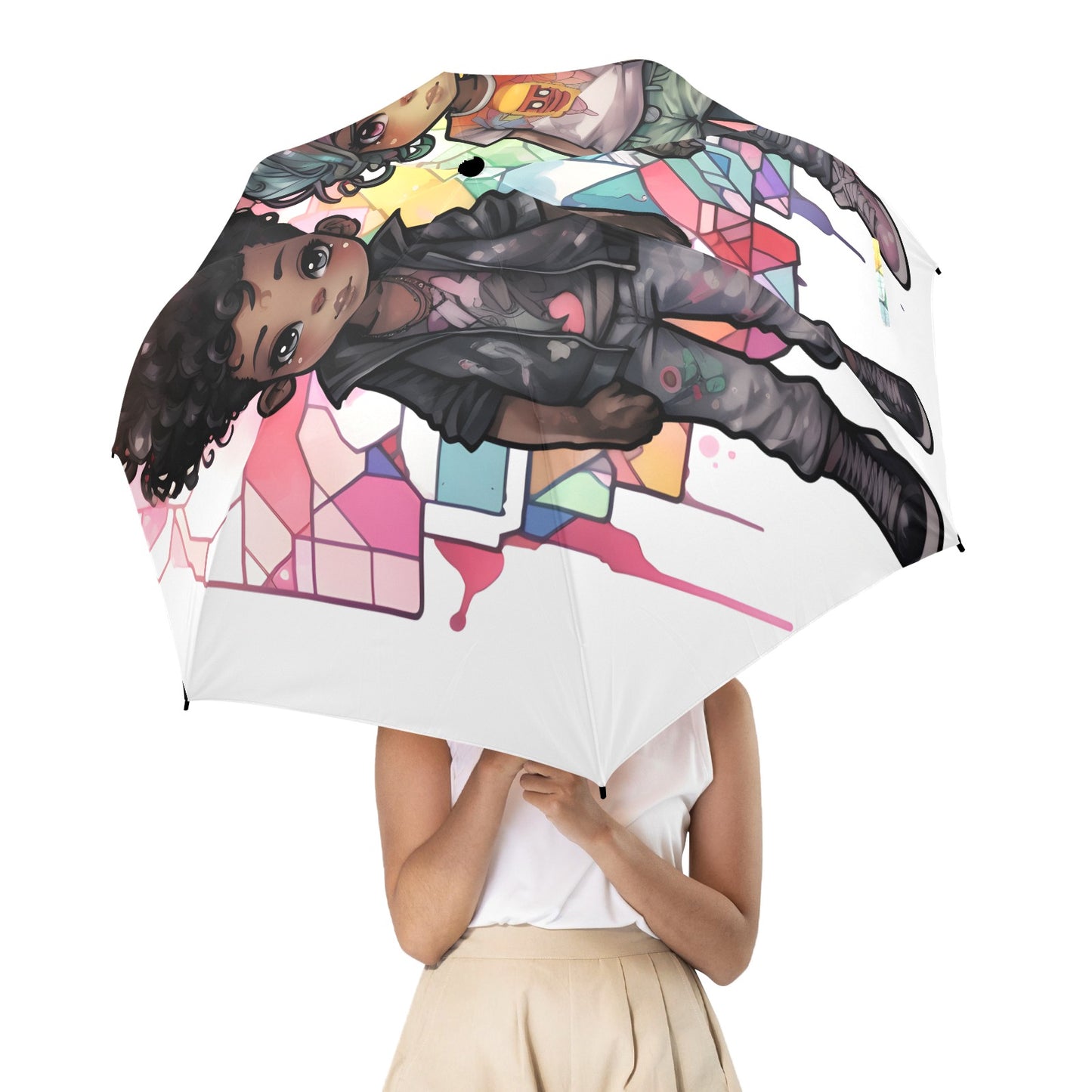 Semi-Automatic Foldable Umbrella - Black Girl Art - Velvet's View - Whimsical Kool Kids Collection - (Model U12)