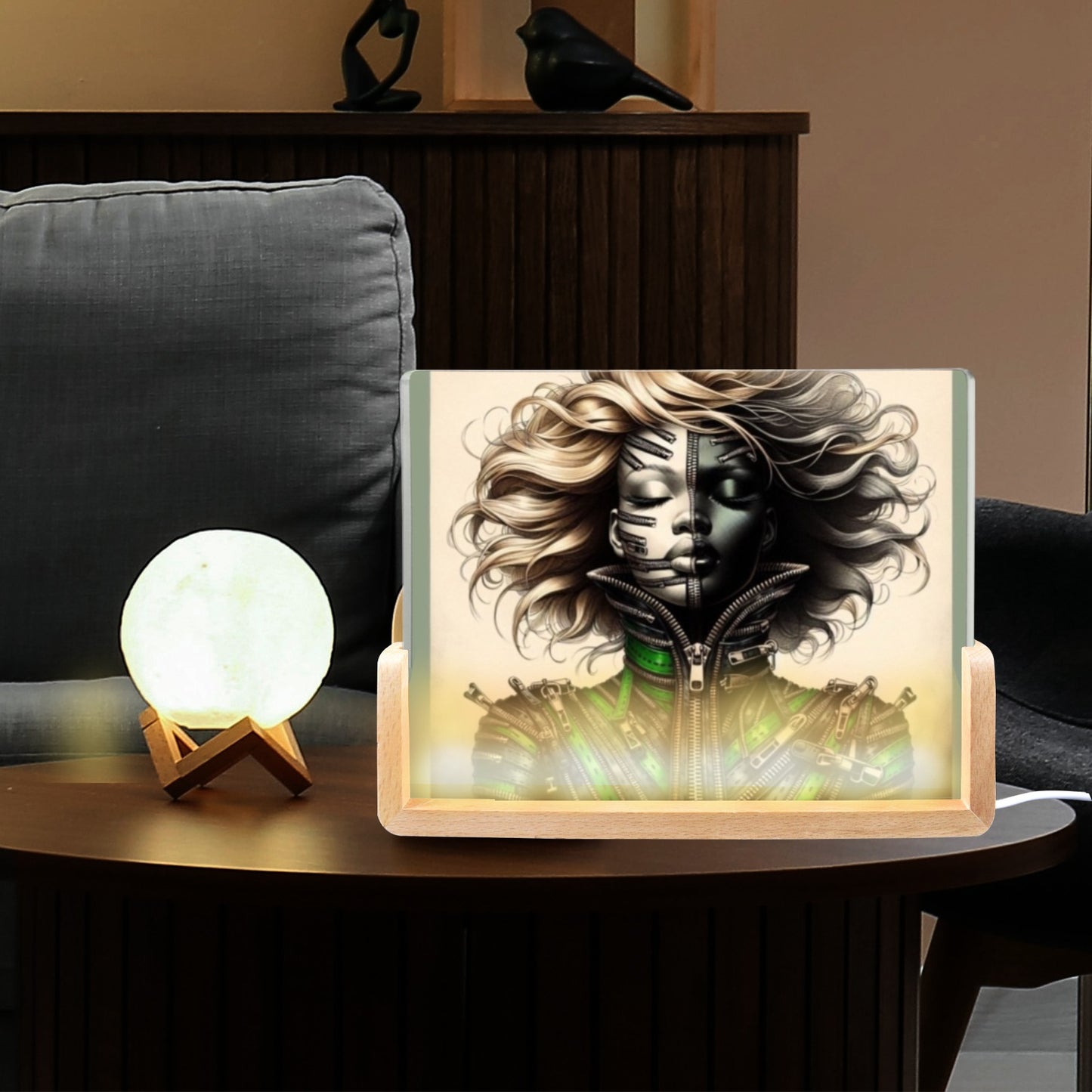 Acrylic Photo Night Light - Velvet's View - Mechanical Muse - The Fusion of Fashion and Futurism Collection - 8"x6"(U-Shaped Beech Base)
