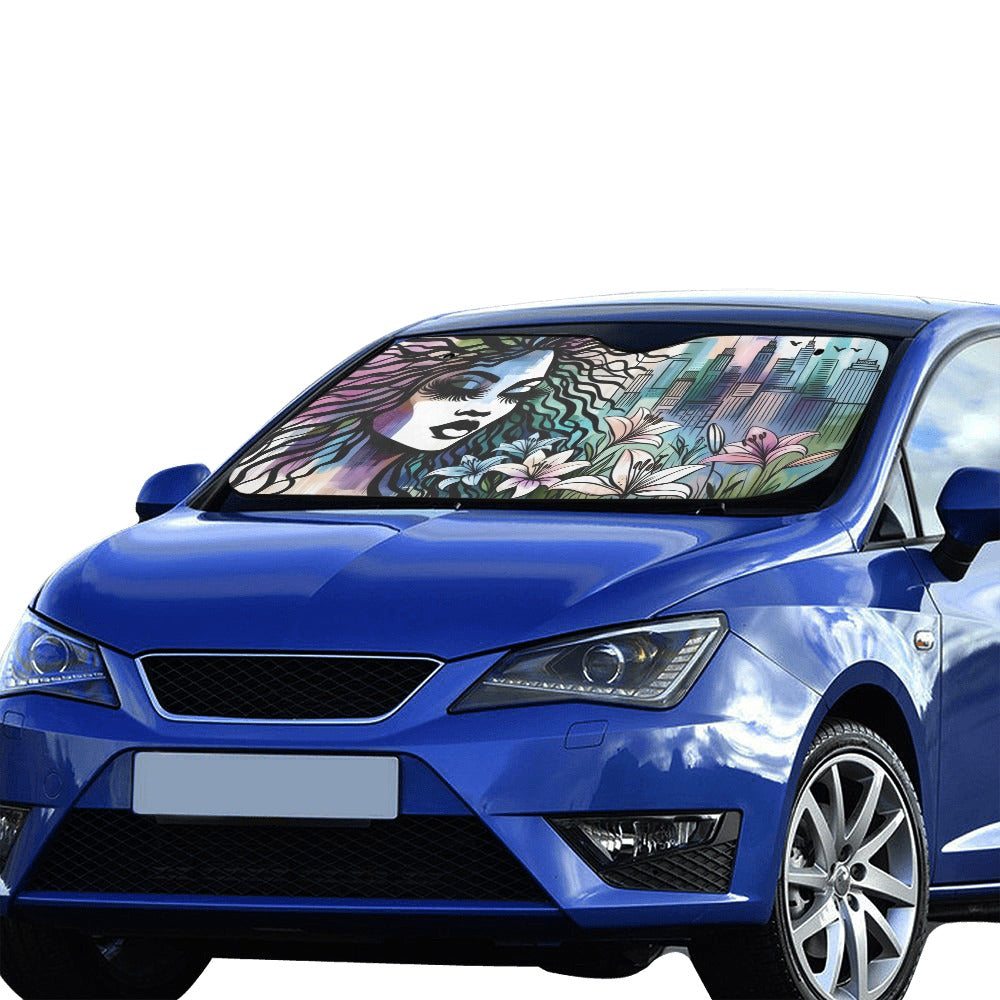 Urban Blossoms: Vibrant Cityscapes and Floral Dreams – Collection - Car Sun Shade 55"x30" - #2012