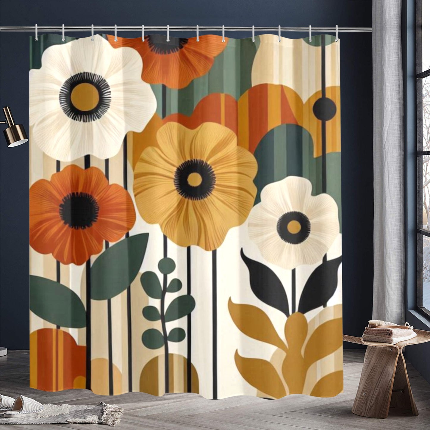 Retro Floral Bathroom Decor Set | Boho Abstract Shower Curtain, Towels & Wall Art | Mid Century Modern Bath Mat | Earth Tone Bathroom Collection - Bath Rug 20''x 32''