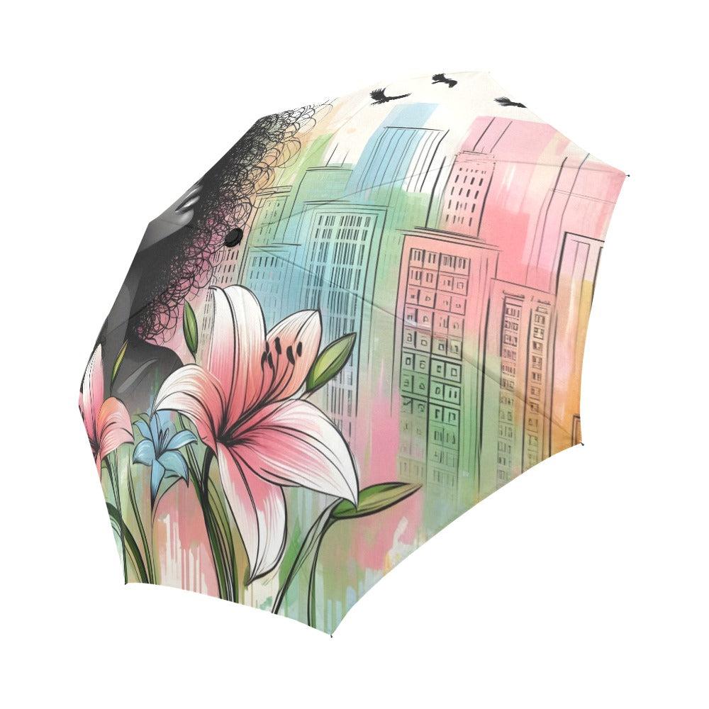 Urban Blossoms: Vibrant Cityscapes and Floral Dreams – Collection - Auto-Foldable Umbrella (Model U04) - #2011