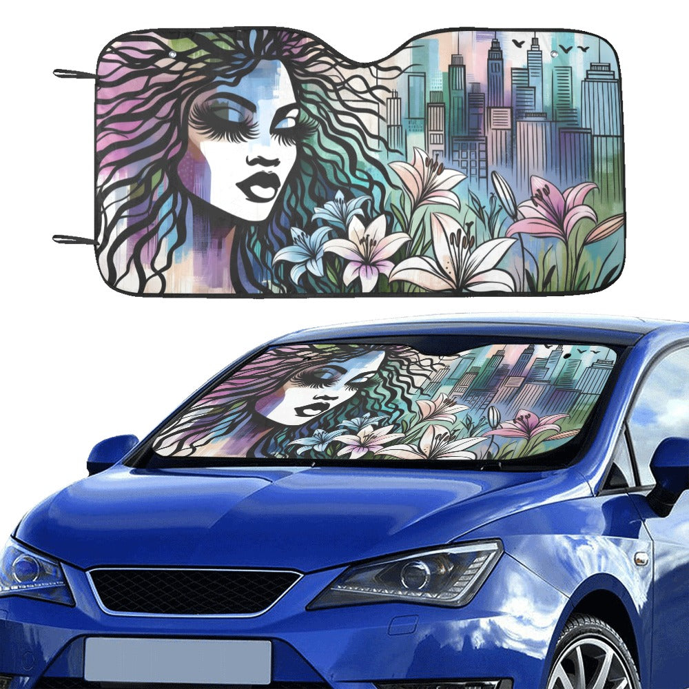 Urban Blossoms: Vibrant Cityscapes and Floral Dreams – Collection - Car Sun Shade 55"x30" - #2012