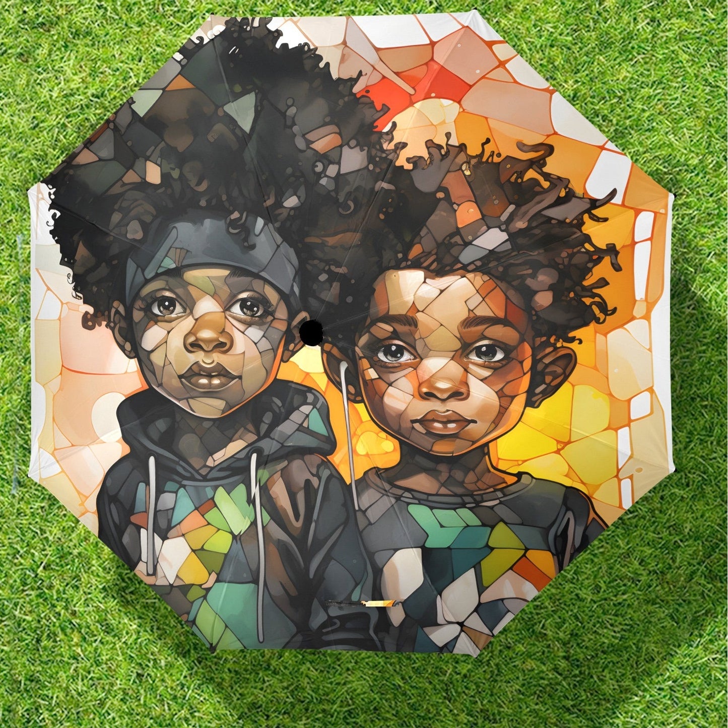 Semi-Automatic Foldable Umbrella - Black Girl Art - Velvet's View - Whimsical Kool Kids Collection - (Model U12)