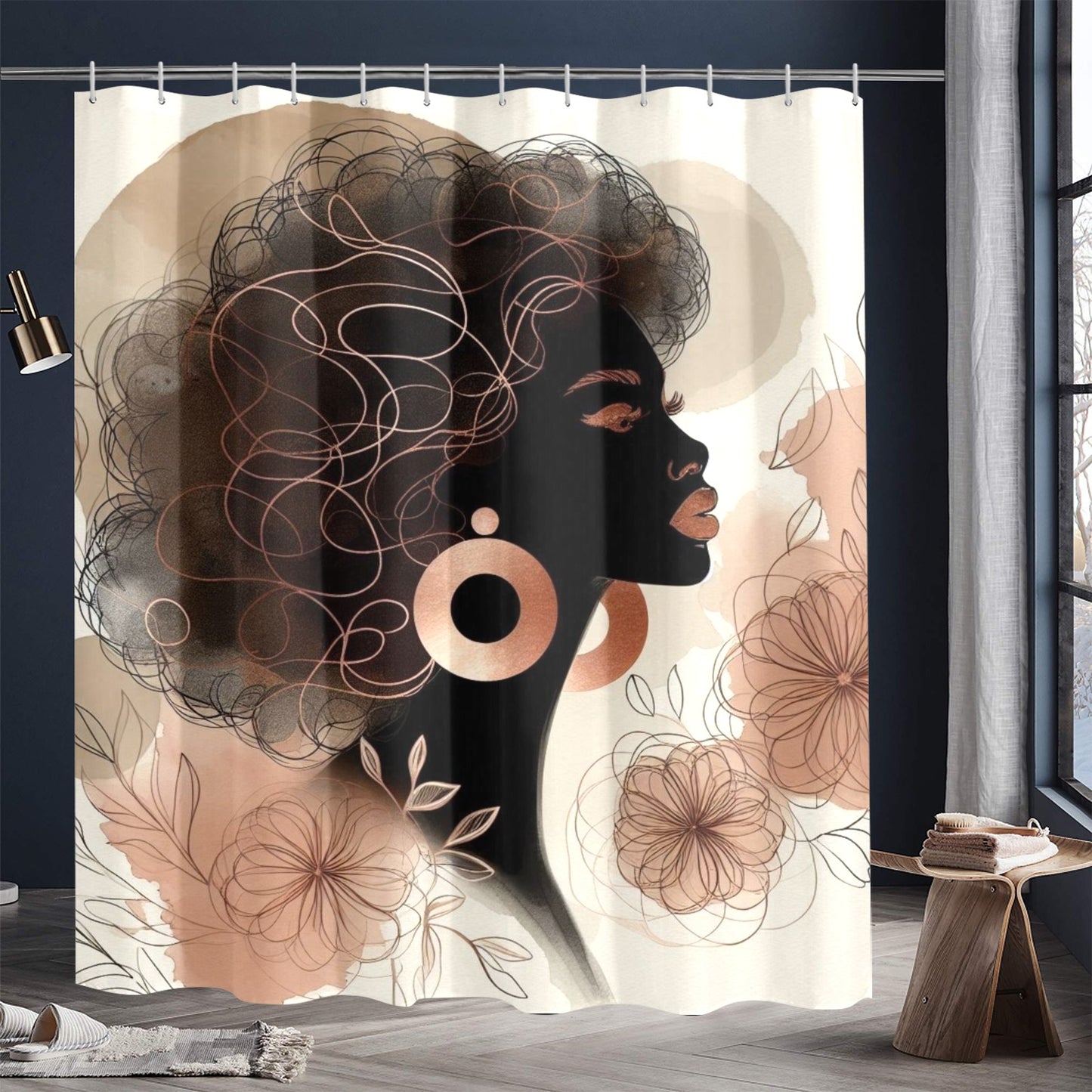 Minimalist Afrocentric Shower Curtain Collection – Black Woman Line Art, Boho Melanin Home Decor - 462196972